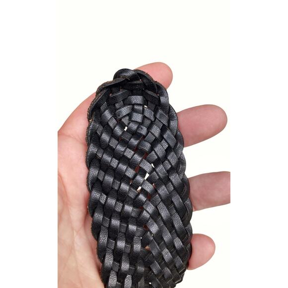 Vintage J.Crew Black Woven Leather Belt Gold Round Buckle Wide Adjustable Resort main image 5